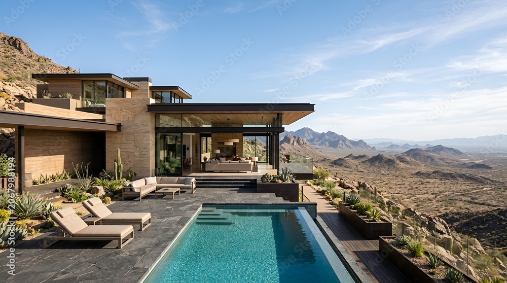 Fototapeta premium Modern desert luxury villa with infinity pool and mountain landscape