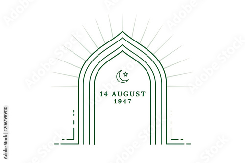 A decorative green arched gateway design featuring a prominent crescent moon and star symbol accompanied by the significant historical date 14 August 1947 highlighting a moment of national importance