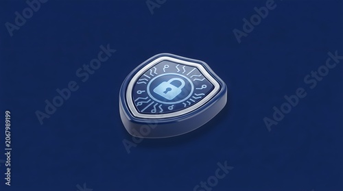 3D render of a futuristic cybersecurity shield icon illustrating digital protection isolated on a dark blue background.