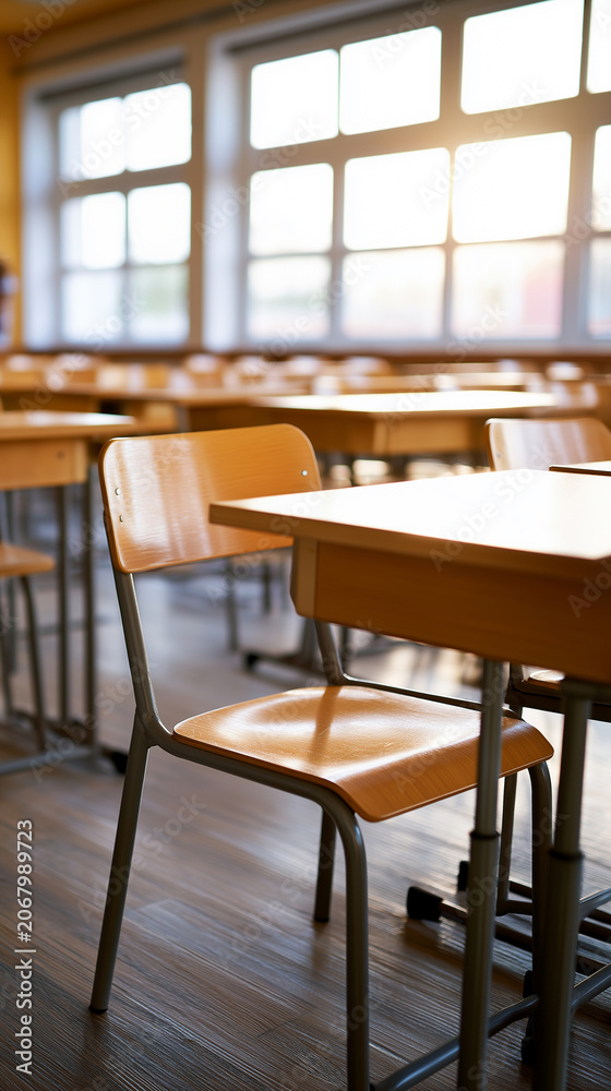 Fototapeta premium Empty classroom with wooden desks and chairs illuminated by warm sunlight through large windows.