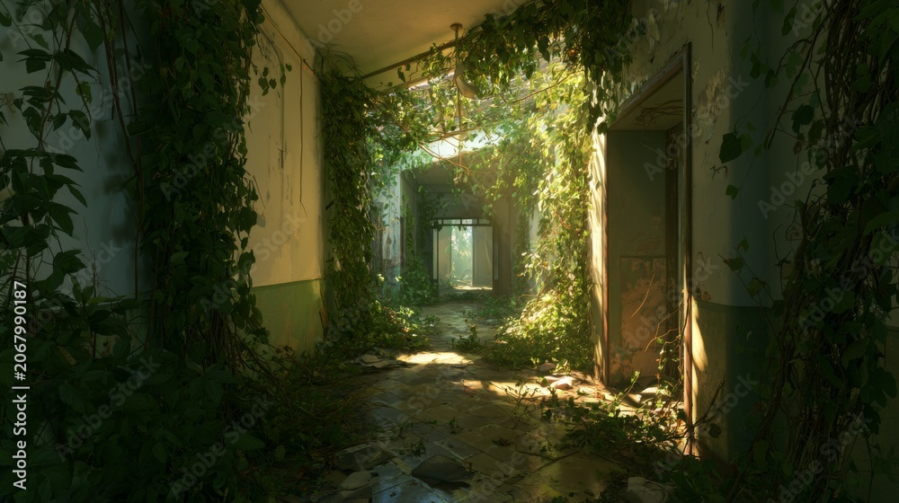 Obraz premium Sunlit Corridor in Abandoned Hospital Reclaimed by Nature with Vivid Greenery and Overgrown Plants