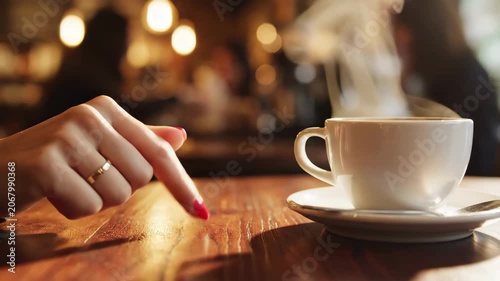 Womans hand with ring and red nails touches wooden table next to steaming coffee cup in cafe.