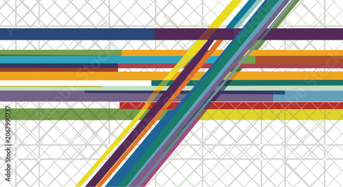 Dynamic composition of colorful horizontal and diagonal stripes overlaying a subtle grey grid for a technical and modern aesthetic.