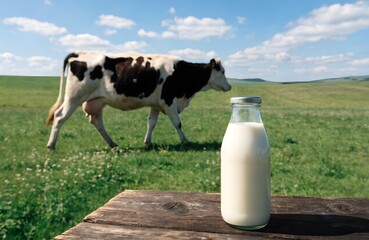 Glass bottle of fresh milk on a wooden table with a cow grazing in a pasture
