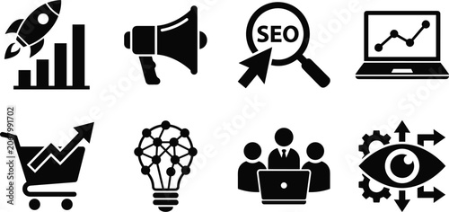 Set of digital marketing and business growth black glyph icons representing seo strategies and online traffic optimization