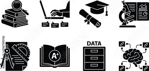 Set of education and academic research black glyph icons representing learning science study data and success
