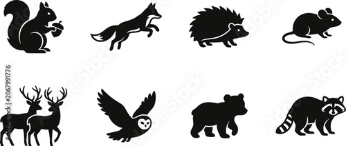 Set of forest animals and woodland wildlife black glyph icons representing northern fauna and nature conservation