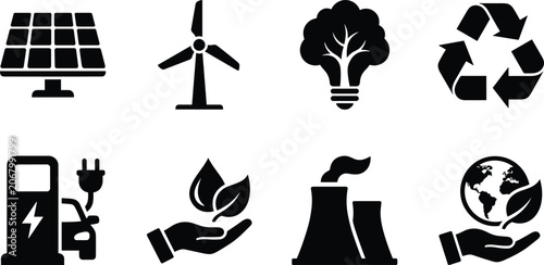 Set of green renewable energy and environmental conservation black glyph icons representing sustainability and ecology technology