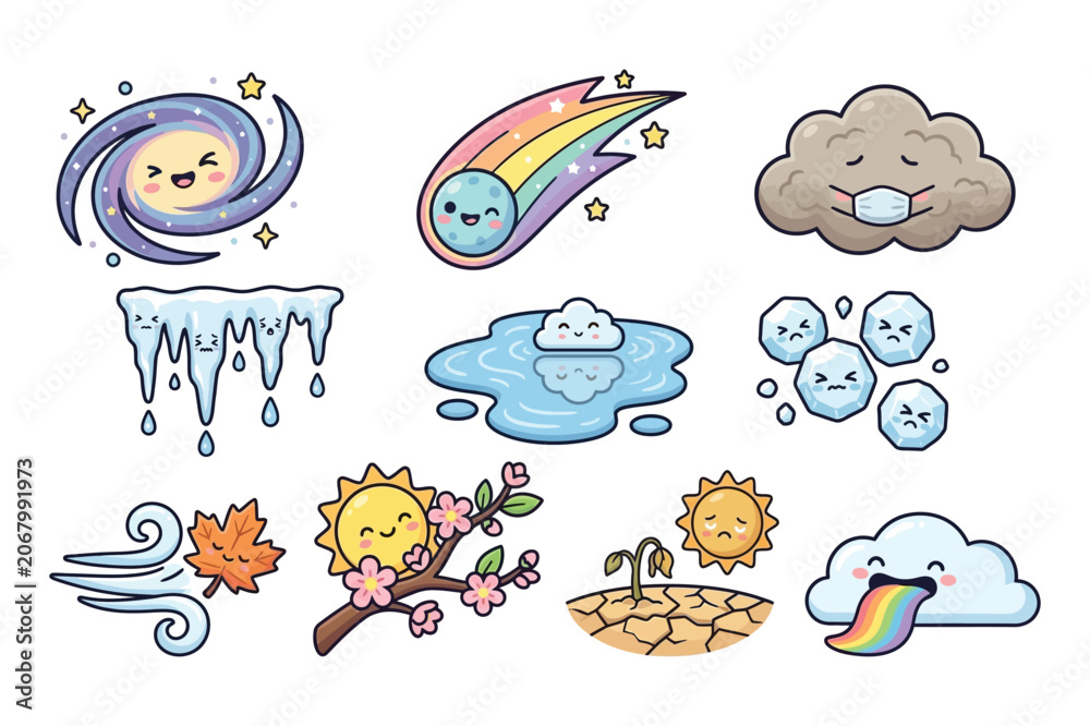Naklejka premium Cute Weather Climate Space Elements Cartoon Icons Set
