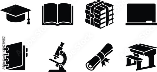 Set of modern education and academic research black glyph icons representing scientific study university graduation and online learning.
