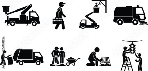 Set of municipal services and city maintenance black pictograms representing public works infrastructure repair and urban cleaning