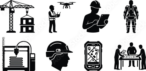 Set of smart construction technology and modern engineering black glyph icons representing future architecture and industrial automation