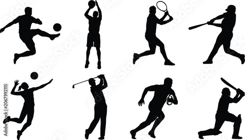 Summer sports and outdoor athletic games vector silhouette icon set featuring soccer basketball tennis baseball volleyball golf rugby and cricket