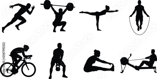 Sports and fitness vector silhouette icon set featuring athletes running weightlifting doing yoga skipping cycling kettlebell stretching and rowing