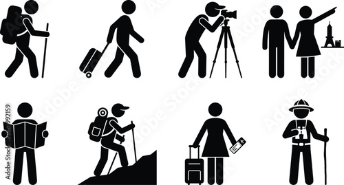 Travel and tourism pictograms vector silhouette icon set featuring hiking luggage transit sightseeing couple photography mapping and boarding pass