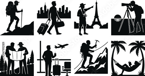 Travel and vacation adventure vector silhouette icon set featuring hiking tourism sightseeing photography map reading airport transit and tropical relaxation