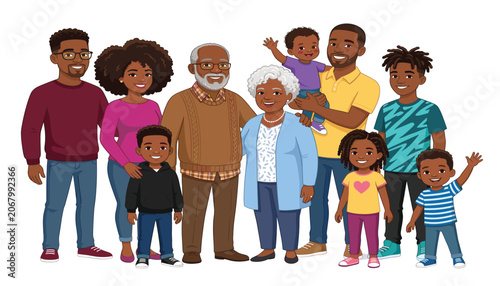 Foto Happy multi generational black family standing together smiling in casual outfits