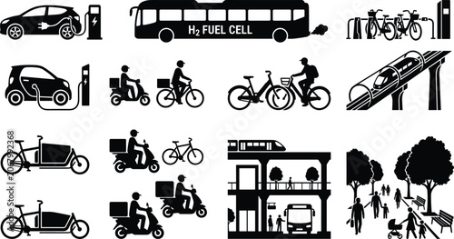 Sustainable eco friendly urban transport and green mobility vector icons set solid black silhouettes on white background