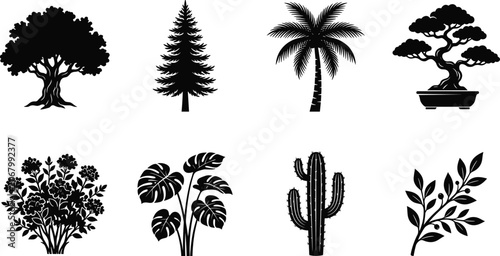Trees and plants vector silhouette icon set featuring oak pine palm bonsai houseplant monstera cactus and olive branch