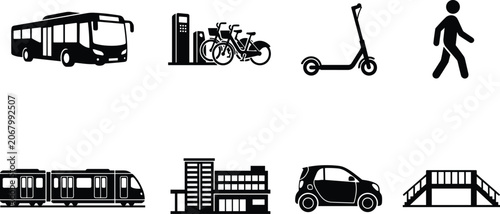 Urban transportation and eco friendly public transit icon set featuring city bus metro train electric scooter and bicycle sharing