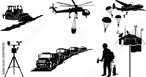Wildfire emergency response and forest firefighting operations icon set featuring aerial support and rescue equipment