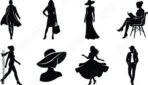 Women fashion vector silhouette icon set featuring elegant ladies in dresses coat hat walking dancing and reading on chair