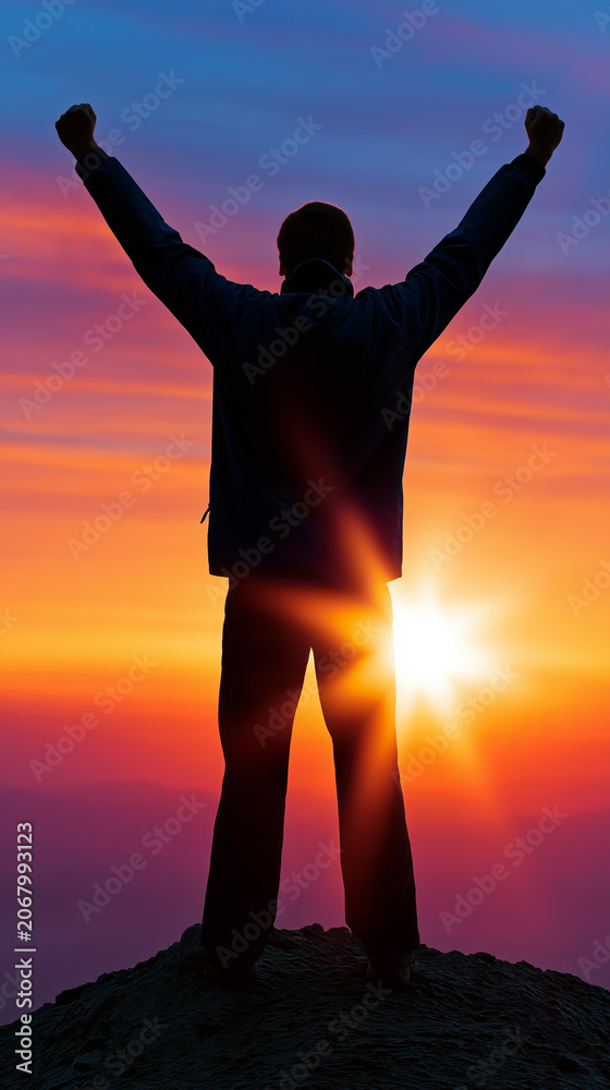 Fototapeta premium Silhouette of a successful person raising arms in triumph on a mountain peak at sunrise symbolizing achievement and motivation.