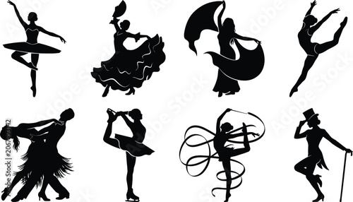 Obraz na płótnie Black silhouette dancer vector set featuring ballet, flamenco, ballroom, gymnast