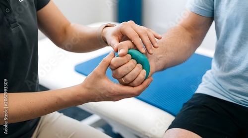 Physiotherapist Guiding Patient Hand Grip Exercise with Green Therapy Ball