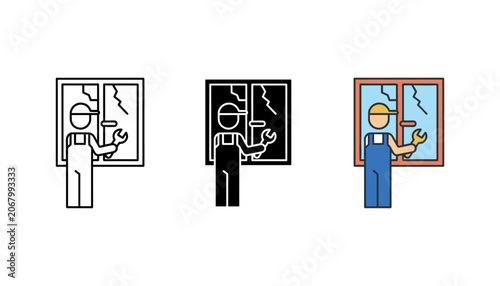 Window repair and maintenance icon set with technician maintenance professional handyman construction renovation installer improvement