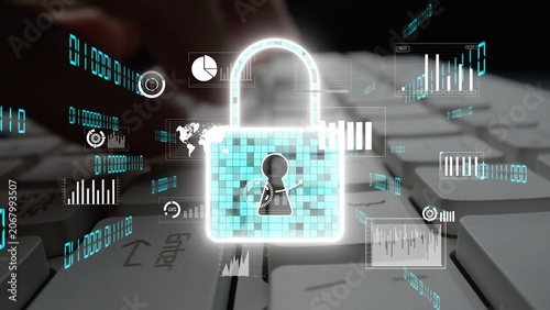 Принти на полотні This image showcases a lock symbol with digital graphics illustrating cyber security themes, highlighting the importance of data protection in today digital landscape