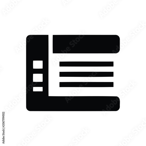 Abstract black icon depicting a document or webpage with lines of text.