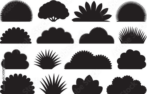 Collection of various black bush and shrub silhouettes