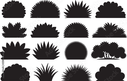 Black bush and tree silhouettes on white background