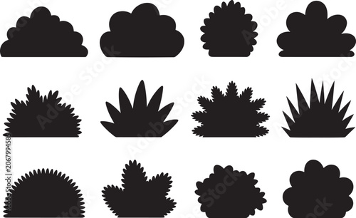 Black bush and cloud silhouettes on white background
