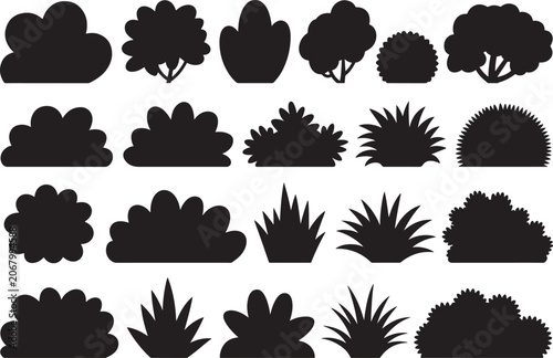 Black silhouettes of various bushes and trees