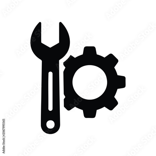 Icon of a wrench and gear, symbolizing repair, mechanics, engineering, and technical support.