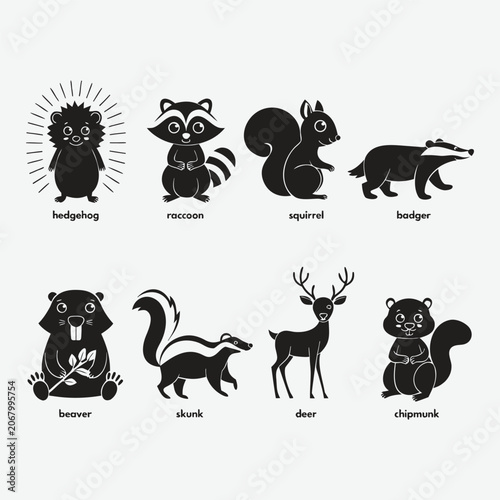 Woodland Animal Silhouettes Black And White Vector Illustration Set