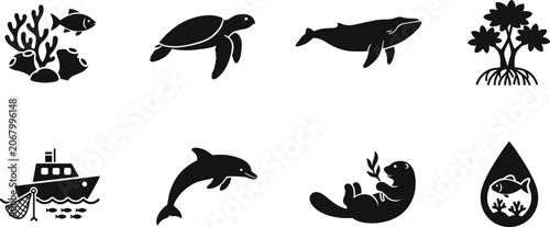 Set of black flat icons representing marine life, ocean conservation, fishing industry, and aquatic wildlife concepts