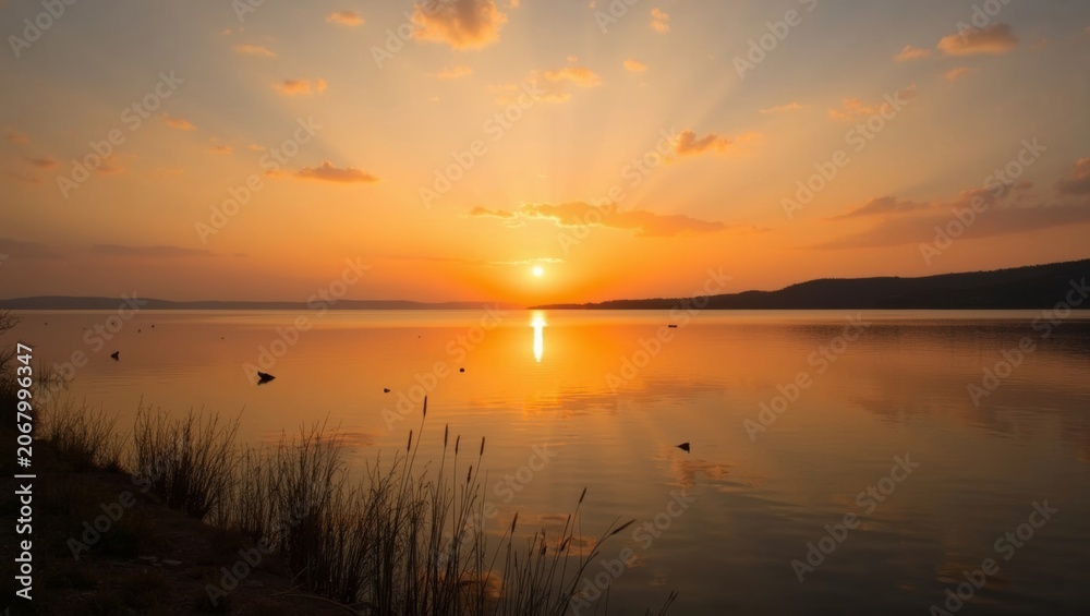 Obraz premium Sunset over calm lake with reflections and silhouettes of distant hills, grass along the shore, and colorful clouds in the sky during golden hour