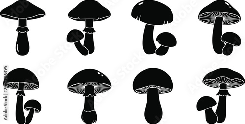 Schilderij op canvas Set of black mushroom silhouettes isolated on white background for nature and fo