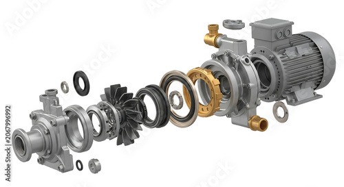 Detailed exploded view of a centrifugal pump and electric motor assembly.