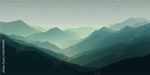 Bild auf Leinwand Majestic mountain range veiled ethereal mist, painted gradient hues deep blue pale cyan, evoking serenity vast natural grandeur