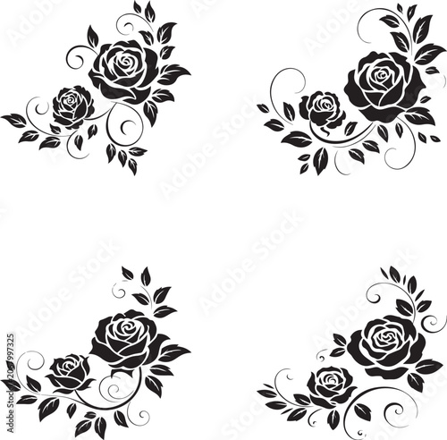 Elegant black rose floral corner design elements ideal for borders, invitations, and decorative accents for various projects