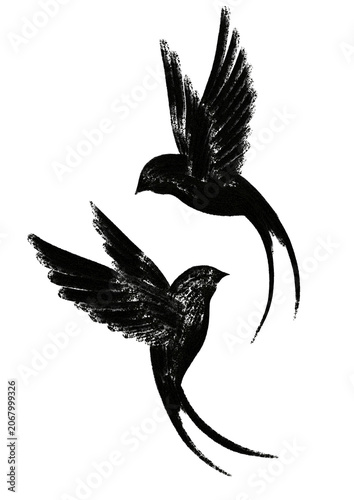 Konstfotografi pair of flying swallows silhouette ink wash style illustration