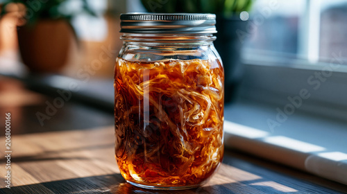 Kombucha SCOBY floating inside a wide-mouth mason jar, gelatinous pellicle layered with yeast strands in tannin-stained fermentation liquid, probiotic culture vessel with dense living biomass visibl