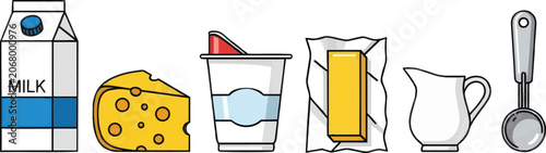 A detailed illustration set featuring various fresh dairy products like milk carton cheese block yogurt cup butter stick cream pitcher and a silver ice cream scoop transparent back