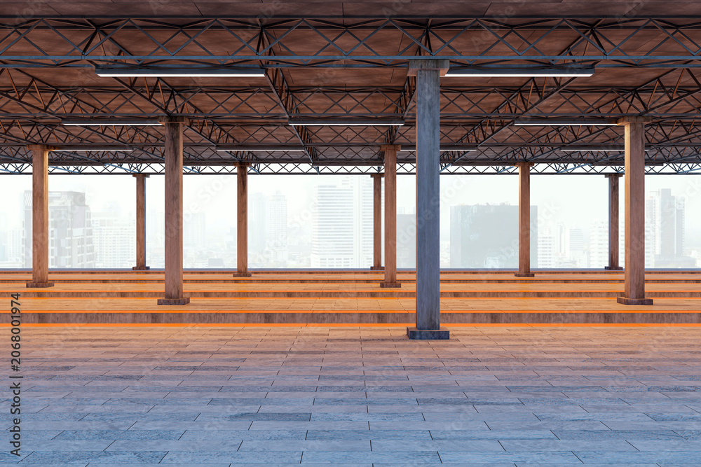 Naklejka premium Industrial open rooftop structure with wooden columns, metal trusses, and tiled floor overlooking city skyline at dawn. 3D Rendering