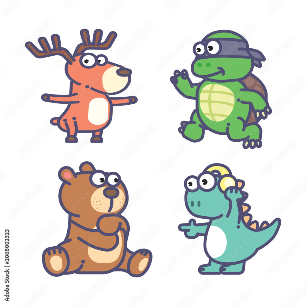 Naklejka premium Set of cute cartoon animal characters like deer turtle bear and dinosaur