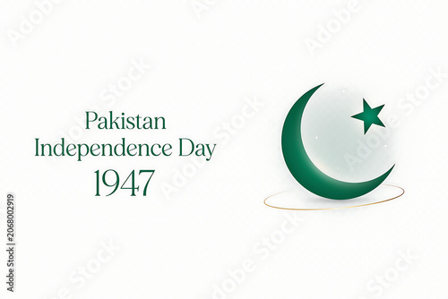 Pakistan Independence Day 1947 text displayed prominently alongside a vibrant green crescent moon and star national emblem illustration symbolizing national freedom pride and historical celebration